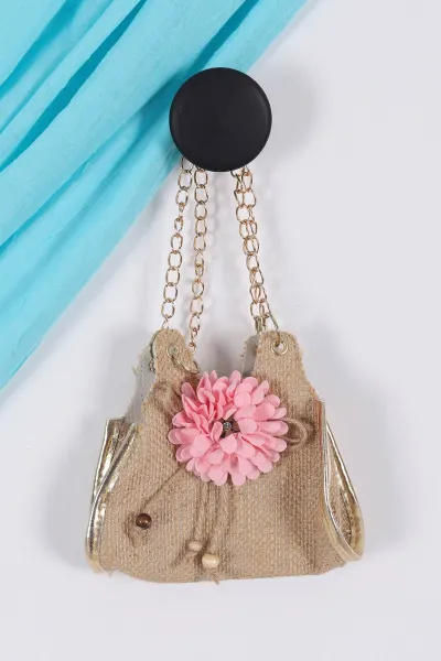 Pembe (6-9 Yaş) Hasır Kemerli Çantalı Kız Çocuk Kot Elbise 265229