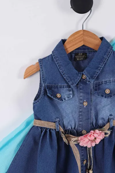 Pembe (6-9 Yaş) Hasır Kemerli Çantalı Kız Çocuk Kot Elbise 265229