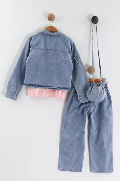 Pembe (6-9 Yaş) Nakışlı Kısa Kol Tişörtlü Kot Pantolon ve Ceketli Çantalı Kız Çocuk Takım 435389