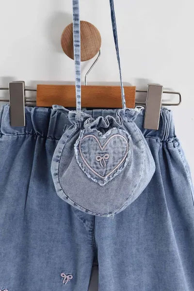Pembe (6-9 Yaş) Nakışlı Kısa Kol Tişörtlü Kot Pantolon ve Ceketli Çantalı Kız Çocuk Takım 435389