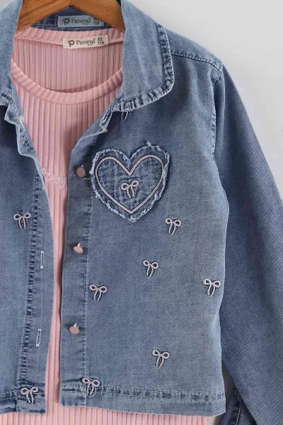 Pembe (6-9 Yaş) Nakışlı Kısa Kol Tişörtlü Kot Pantolon ve Ceketli Çantalı Kız Çocuk Takım 435389