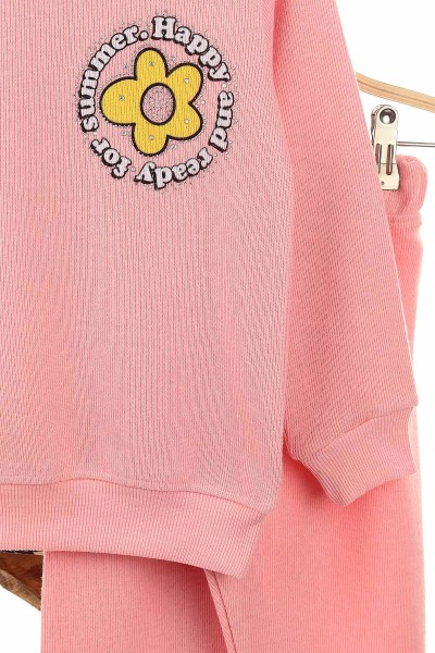 Pembe (6-9 Yaş) Papatya Baskılı Taş İşlemeli Selanik Kumaş Kız Çocuk Takım 149314