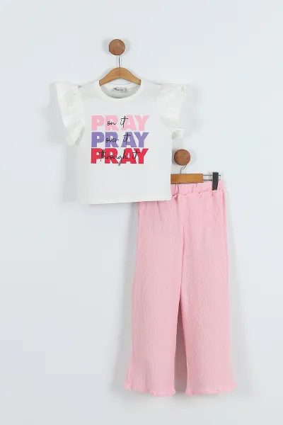 Pembe (6-9 Yaş) Pray Baskılı Bürümcük Pantolonlu Kız Çocuk Takım 283729