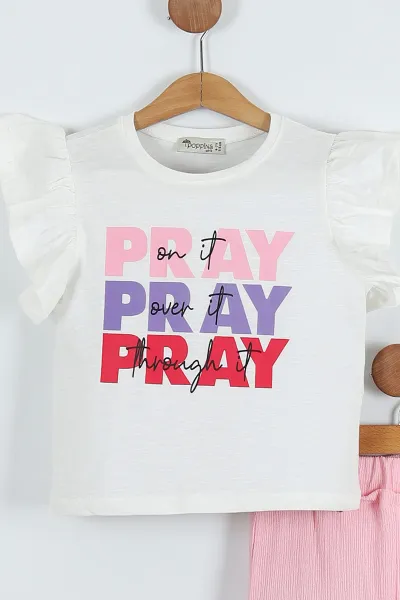 Pembe (6-9 Yaş) Pray Baskılı Bürümcük Pantolonlu Kız Çocuk Takım 283729