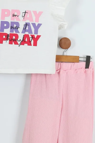 Pembe (6-9 Yaş) Pray Baskılı Bürümcük Pantolonlu Kız Çocuk Takım 283729