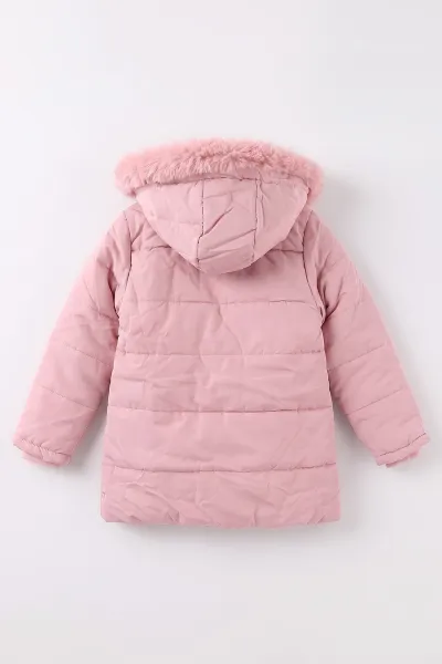 Pembe (6-9 Yaş)Cep Üstü Ponponlu İçi Kürklü Kapüşonlu Kız Çocuk Şişme Mont 496626