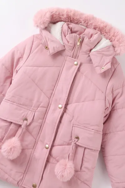 Pembe (6-9 Yaş)Cep Üstü Ponponlu İçi Kürklü Kapüşonlu Kız Çocuk Şişme Mont 496626