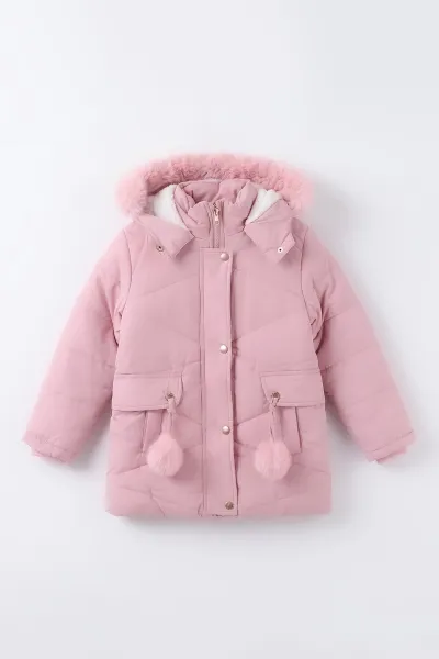 Pembe (6-9 Yaş)Cep Üstü Ponponlu İçi Kürklü Kapüşonlu Kız Çocuk Şişme Mont 496626