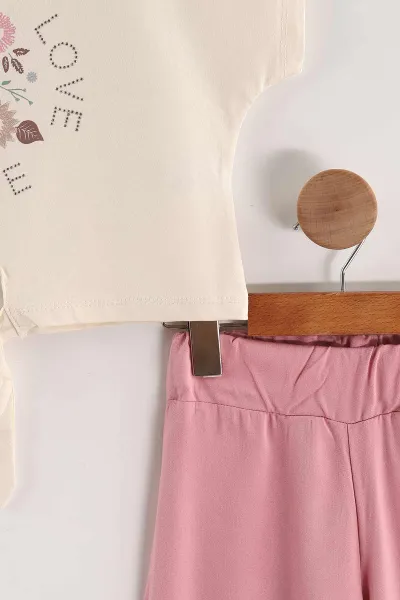Pembe (6-9 Yaş)Love Taşlı Bağlamalı Belmando Bol Paça Pantolonlu Kız Çocuk Takım 436484