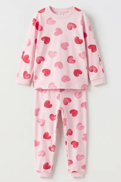 Pembe (6-9Yaş ) Kalp Baskılı Penye Kız Çocuk  Pijama Takım 500341