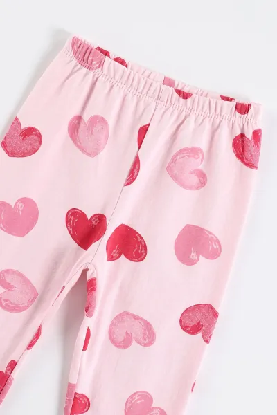Pembe (6-9Yaş ) Kalp Baskılı Penye Kız Çocuk  Pijama Takım 500341