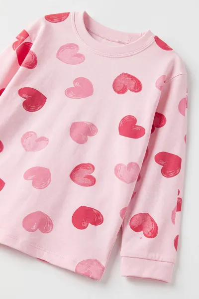 Pembe (6-9Yaş ) Kalp Baskılı Penye Kız Çocuk  Pijama Takım 500341