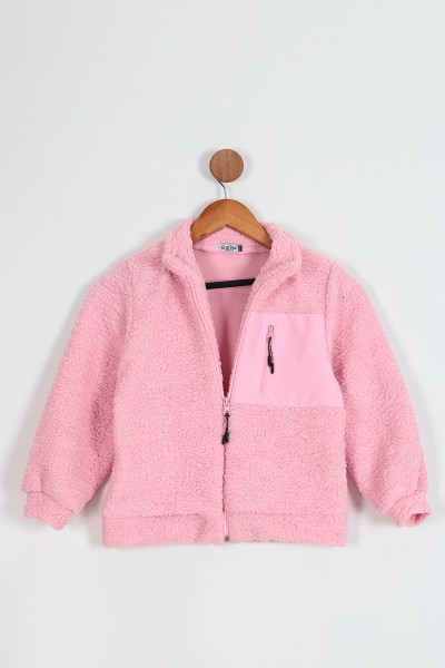 Pembe (7-10 Yaş) Cep Detaylı Fermuarlı Kuzu Kumaş Kız Çocuk Mont 206346