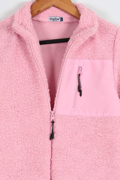 Pembe (7-10 Yaş) Cep Detaylı Fermuarlı Kuzu Kumaş Kız Çocuk Mont 206346