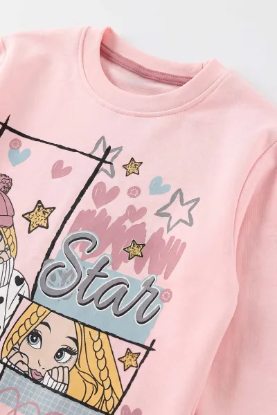 Pembe (7-10 Yaş)Star Kız Baskılı  Kız Çocuk Pijama Takımı 477007