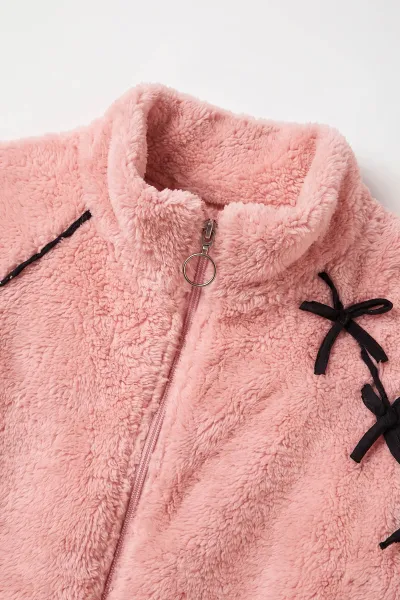 Pembe (7-12 Yaş) Omuzu Şeritli Fiyonklu Kız Çocuk Peluş Hırka 489014