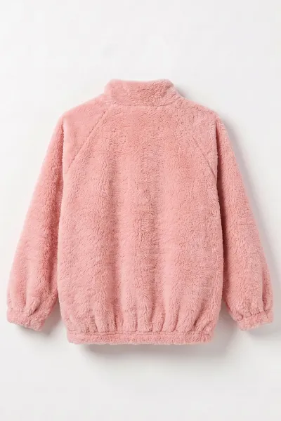 Pembe (7-12 Yaş) Omuzu Şeritli Fiyonklu Kız Çocuk Peluş Hırka 489014