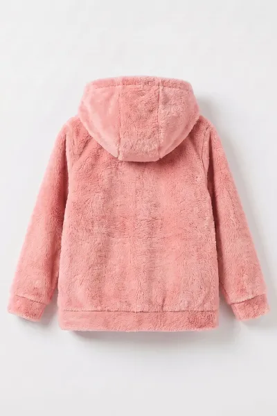 Pembe (7-12 Yaş) Papatya Aksesuarlı Kapüşonlu    Kız Çocuk Peluş Hırka 489006