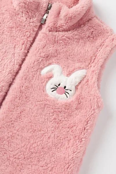 Pembe (7-12 Yaş) Tavşan Nakışlı  Peluş Kız Çocuk Yelek 497991