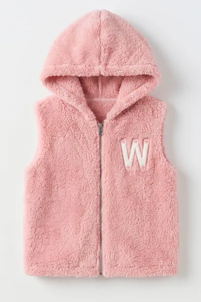 Pembe (7-12 Yaş) W Nakışlı Kapüşonlu Peluş Kız Çocuk Yelek 497984