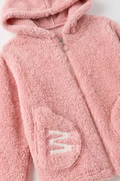 Pembe (7-12 Yaş)Cep Üstü W Nakışlı Kapüşonlu  Peluş Kız Çocuk Hırka 498000