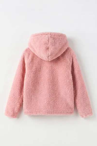 Pembe (7-12 Yaş)Cep Üstü W Nakışlı Kapüşonlu Peluş Kız Çocuk Hırka 498000
