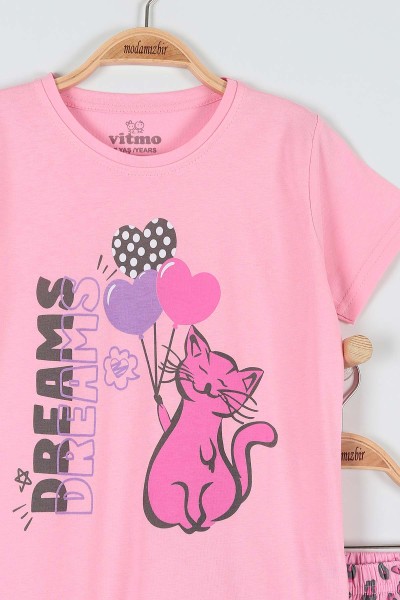 Pembe (7-9 Yaş) Kedi Balonlu Baskılı Kaprili KIz Çocuk Pijama Takımı 182013