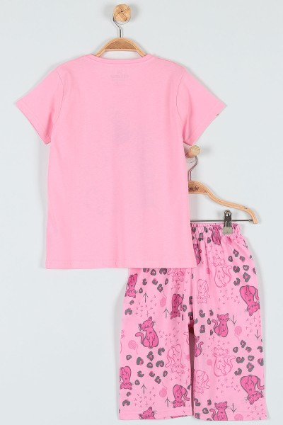 Pembe (7-9 Yaş) Kedi Balonlu Baskılı Kaprili KIz Çocuk Pijama Takımı 182013