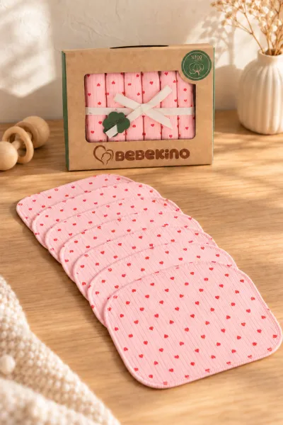 Pembe 7'li Kutulu ve Pamuklu Desenli   Penye   Kız Bebek  Mendil 493858
