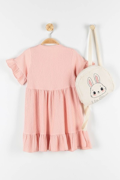 Pembe (8-11 Yaş) Tavşan Baskılı Çanta Aksesuarlı Fırfırlı Kız Çocuk Elbise 172272