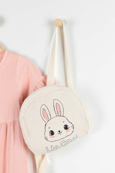 Pembe (8-11 Yaş) Tavşan Baskılı Çanta Aksesuarlı Fırfırlı Kız Çocuk Elbise 172272