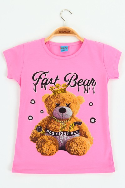Pembe (8-12 yaş) Fast Bear Baskılı Kız Çocuk Tişört 121226