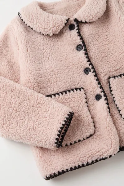 Pembe (8-15 Yaş ) Kroşetalı Düğmeli Şerit Detaylı Kuzu Kız Çocuk Hırka 495788