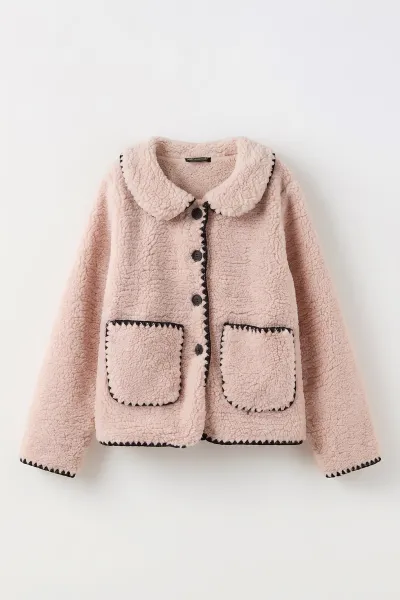 Pembe (8-15 Yaş ) Kroşetalı Düğmeli Şerit Detaylı Kuzu Kız Çocuk Hırka 495788