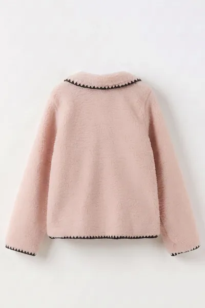 Pembe (8-15 Yaş ) Kroşetalı Düğmeli Şerit Detaylı Kuzu Kız Çocuk Hırka 495788