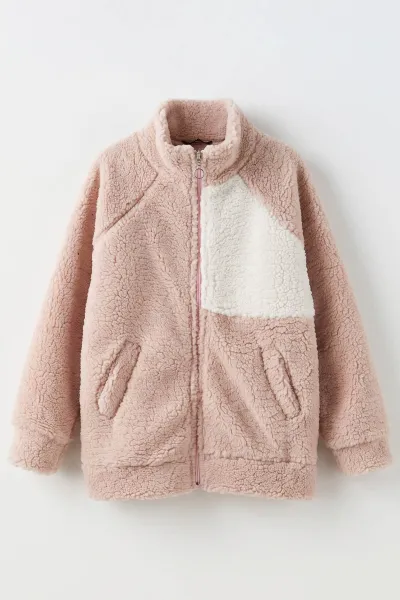 Pembe (8-15 Yaş ) Önü Garnili  Fleto Cepli Kuzu Kız Çocuk Hırka 495791
