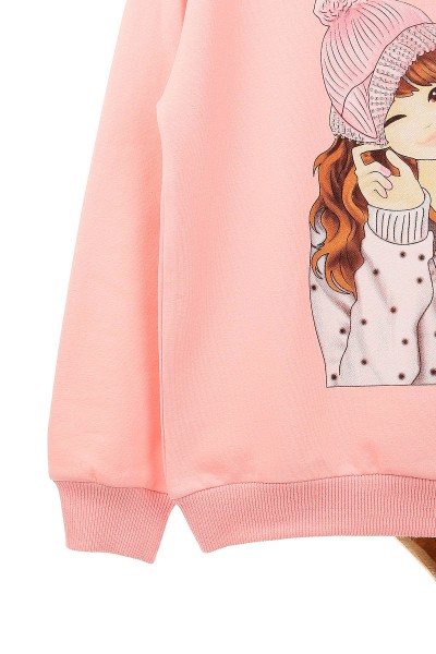 Pembe (9-12 Yaş) Küpeli Kız Baskılı  İki İp Şardonlu Kız Çocuk Sweat 149076