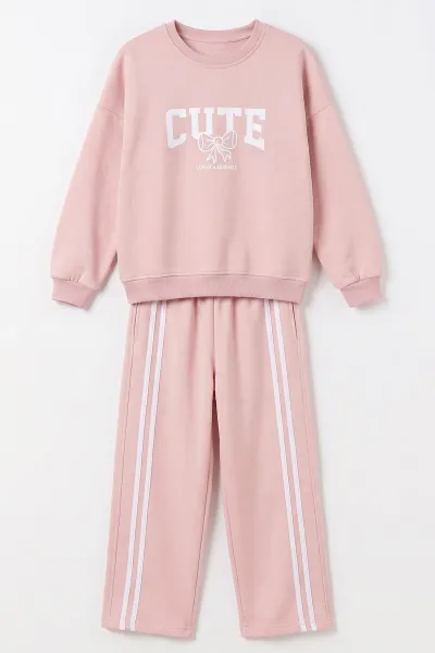 Pembe (9-13  Yaş) Cute Taş Baskılı   3 İp Şardonlu Kız Çocuk Kışlık Takım 493981