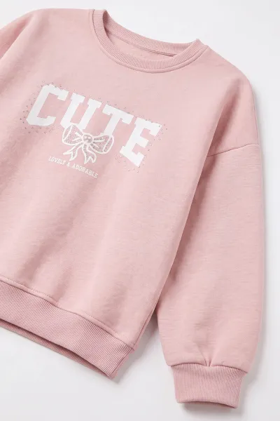 Pembe (9-13  Yaş) Cute Taş Baskılı   3 İp Şardonlu Kız Çocuk Kışlık Takım 493981