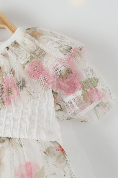 Pembe (9-18 Ay) Çiçek Baskılı Taş İşlemeli Tüllü Kız Bebe Elbise 169846