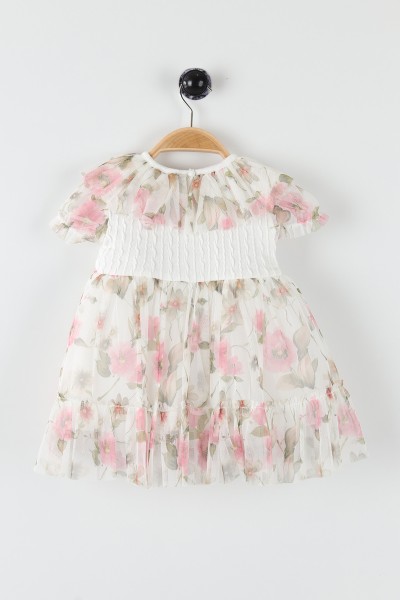 Pembe (9-18 Ay) Çiçek Baskılı Taş İşlemeli Tüllü Kız Bebe Elbise 169846