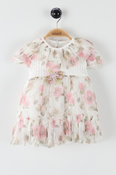 Pembe (9-18 Ay) Çiçek Baskılı Taş İşlemeli Tüllü Kız Bebe Elbise 169846
