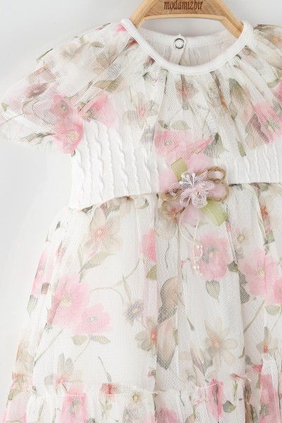 Pembe (9-18 Ay) Çiçek Baskılı Taş İşlemeli Tüllü Kız Bebe Elbise 169846