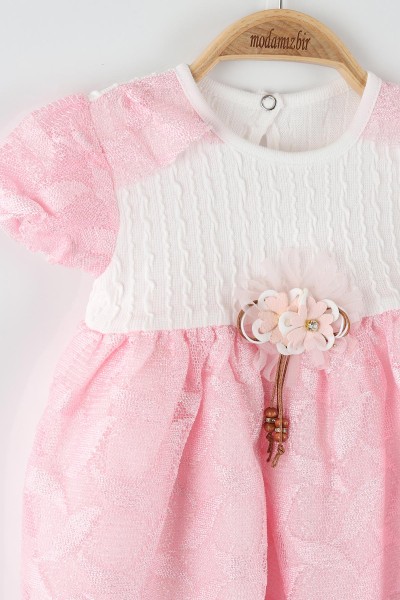 Pembe (9-18 Ay) Çiçek Taş İşlemeli Tüllü Kol Fırfırlı Kız Bebe Elbise 169848