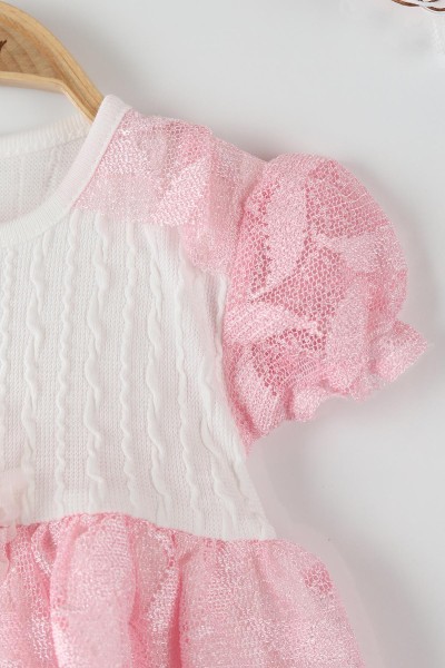 Pembe (9-18 Ay) Çiçek Taş İşlemeli Tüllü Kol Fırfırlı Kız Bebe Elbise 169848