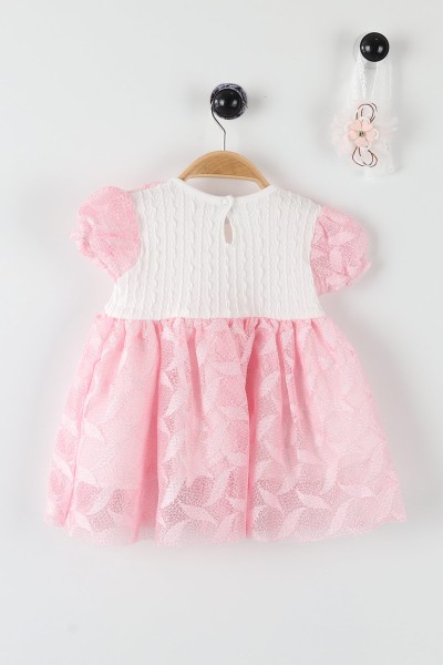 Pembe (9-18 Ay) Çiçek Taş İşlemeli Tüllü Kol Fırfırlı Kız Bebe Elbise 169848