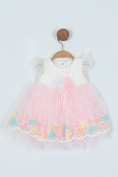Pembe (9-18 Ay) Kelebek Nakışlı İç Astarlı Kız Bebek Elbise 272199
