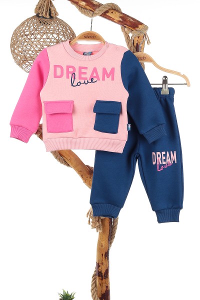 Pembe (9-24 Ay) Çift Cepli Dream Baskılı Üç İp Şardonlu Kız Çocuk Takım 140131
