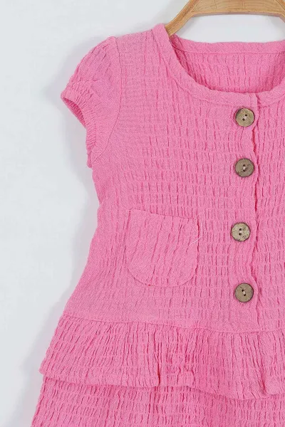 Pembe (9-24 Ay) Düğmeli Cepli Kat Kat Etekli Kız Bebek Elbise 263879