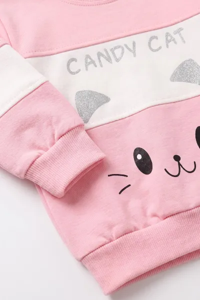 Pembe (9-24  Ay)  Kedi Baskılı   Lastikli Paça Penye  Kız Bebek Takım 480177